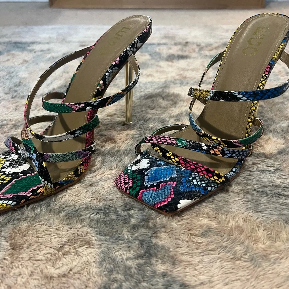 EGO Multicolor cross strap square toe mule snake print faux leather heels - Picture 2 of 4